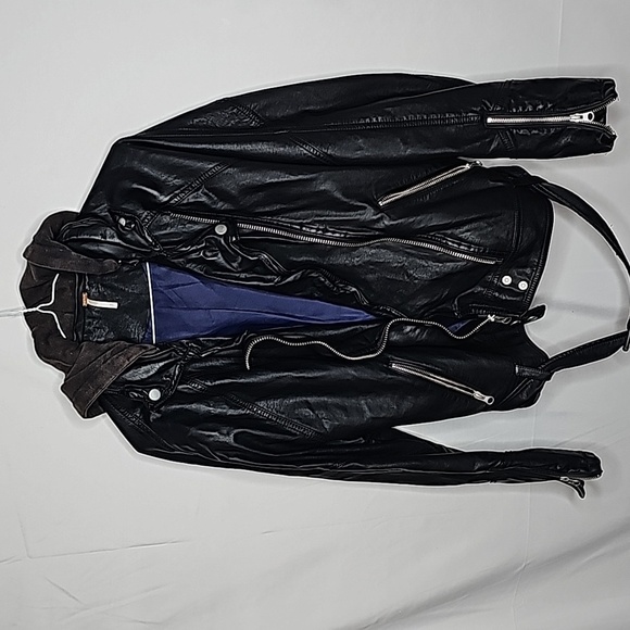 Free People black faux leather vegan moto motorcycle zip up hooded jacket sz S - Picture 6 of 12